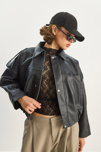 Kadın Apolet Detaylı Cepli Oversize Suni Deri Bomber Ceket 1055 60283650 - Siyah CEKET modelleri