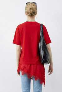Kadın Asimetrik Dantelli Etek Uclu Oversize T-Shirt 8716 60283956 - Kırmızı T-SHİRT modelleri