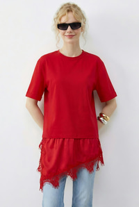 Kadın Asimetrik Dantelli Etek Uclu Oversize T-Shirt 8716 60283956 - Kırmızı T-SHİRT modelleri