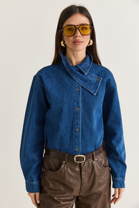 Kadın Asimetrik Yaka Düğmeli Oversize Denim Gömlek 2706 60286618 - Koyu Mavi GÖMLEK modelleri