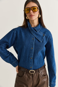 Kadın Asimetrik Yaka Düğmeli Oversize Denim Gömlek 2706 60286618 - Koyu Mavi GÖMLEK modelleri