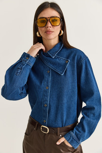 Kadın Asimetrik Yaka Düğmeli Oversize Denim Gömlek 2706 60286618 - Koyu Mavi GÖMLEK modelleri