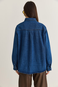 Kadın Asimetrik Yaka Düğmeli Oversize Denim Gömlek 2706 60286618 - Koyu Mavi GÖMLEK modelleri