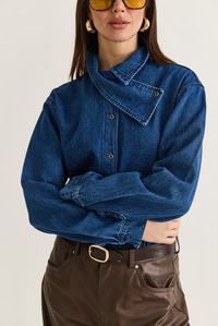 Kadın Asimetrik Yaka Düğmeli Oversize Denim Gömlek 2706 60286618 - Koyu Mavi GÖMLEK modelleri