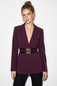 Kadın Astarlı Çift Kemer Detaylı Klasik Blazer Ceket 8151 60286140 - Mürdüm CEKET modelleri