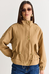Kadın Astarlı Dik Yaka Beli Büzgülü Cep Detaylı Kısa Yağmurluk 2954 60286575 - Camel DIŞ GİYİM modelleri