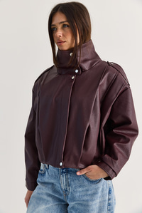 Kadın Astarlı Dik Yaka Omuz Apoletli Çıtçıt Kapamalı Oversize Suni Deri Ceket 2838 60286593 - Bordo CEKET modelleri