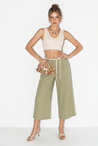 Kadın Astarlı Keten Cepli Kemer Detaylı Bol Paça Culotte Pantolon 1090 60286384 - Çağla Yeşili PANTOLON modelleri