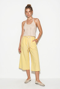 Kadın Astarlı Keten Cepli Kemer Detaylı Bol Paça Culotte Pantolon 1090 60286384 - Sarı PANTOLON modelleri