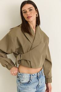 Kadın Astarlı Şal Yaka Kemer Detaylı Crop Oversize Trençkot 2825 60286547 - Haki DIŞ GİYİM modelleri