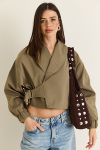 Kadın Astarlı Şal Yaka Kemer Detaylı Crop Oversize Trençkot 2825 60286547 - Haki DIŞ GİYİM modelleri
