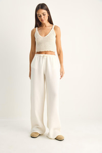 Kadın Bağcıklı Beli Lastikli Müslin Geniş Paça Pantolon YP5502 60286190 - Krem PANTOLON modelleri