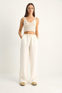 Kadın Bağcıklı Beli Lastikli Müslin Geniş Paça Pantolon YP5502 60286190 - Krem PANTOLON modelleri