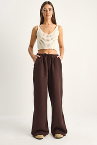 Kadın Bağcıklı Beli Lastikli Müslin Geniş Paça Pantolon YP5502 60286190 - Acı Kahve PANTOLON modelleri