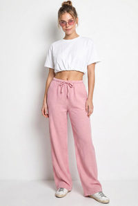 Kadın Bağcıklı Beli Lastikli Müslin Geniş Paça Pantolon YP5502 60286190 - Pembe PANTOLON modelleri