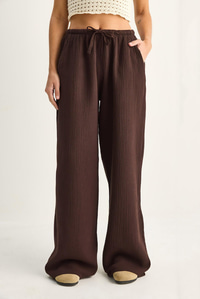 Kadın Bağcıklı Beli Lastikli Müslin Geniş Paça Pantolon YP5502 60286190 - Acı Kahve PANTOLON modelleri