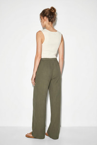 Kadın Bağcıklı Beli Lastikli Müslin Geniş Paça Pantolon YP5502 60286190 - Haki PANTOLON modelleri