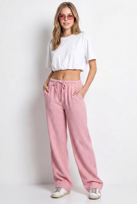 Kadın Bağcıklı Beli Lastikli Müslin Geniş Paça Pantolon YP5502 60286190 - Pembe PANTOLON modelleri