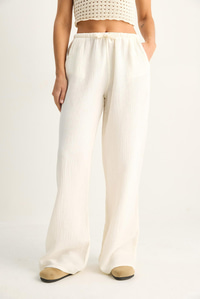 Kadın Bağcıklı Beli Lastikli Müslin Geniş Paça Pantolon YP5502 60286190 - Krem PANTOLON modelleri