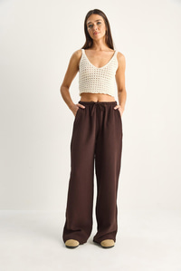 Kadın Bağcıklı Beli Lastikli Müslin Geniş Paça Pantolon YP5502 60286190 - Acı Kahve PANTOLON modelleri