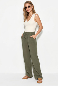 Kadın Bağcıklı Beli Lastikli Müslin Geniş Paça Pantolon YP5502 60286190 - Haki PANTOLON modelleri