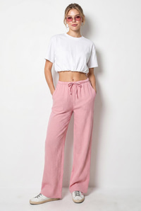 Kadın Bağcıklı Beli Lastikli Müslin Geniş Paça Pantolon YP5502 60286190 - Pembe PANTOLON modelleri