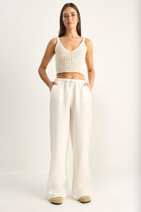 Kadın Bağcıklı Beli Lastikli Müslin Geniş Paça Pantolon YP5502 60286190 - Krem PANTOLON modelleri
