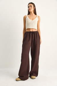 Kadın Bağcıklı Beli Lastikli Müslin Geniş Paça Pantolon YP5502 60286190 - Acı Kahve PANTOLON modelleri