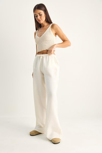 Kadın Bağcıklı Beli Lastikli Müslin Geniş Paça Pantolon YP5502 60286190 - Krem PANTOLON modelleri