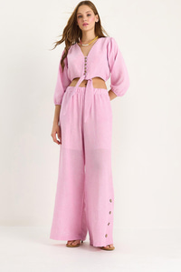 Kadın Bağlama Detaylı Bluz Astarlı Paçası Düğmeli Pantolonlu Astarlı Alt-Üst Takım 9266 60281046 - Pembe