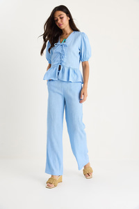 Kadın Bağlama Detaylı Kolları Lastikli Bluz Pantolon Bürümcük Takım 8015 60283448 - Bebe Mavisi