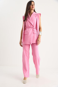Kadın Bağlamalı Blazer Yelekli Palazzo Pantolonlu Double Alt-Üst Takım 8005 60283415 - Şeker Pembe