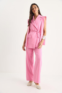 Kadın Bağlamalı Blazer Yelekli Palazzo Pantolonlu Double Alt-Üst Takım 8005 60283415 - Şeker Pembe