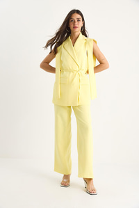 Kadın Bağlamalı Blazer Yelekli Palazzo Pantolonlu Double Alt-Üst Takım 8005 60283415 - Limon Sarısı