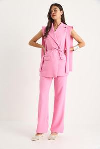 Kadın Bağlamalı Blazer Yelekli Palazzo Pantolonlu Double Alt-Üst Takım 8005 60283415 - Şeker Pembe
