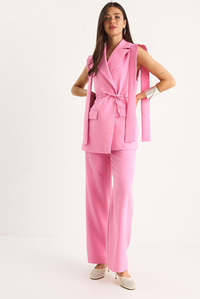 Kadın Bağlamalı Blazer Yelekli Palazzo Pantolonlu Double Alt-Üst Takım 8005 60283415 - Şeker Pembe