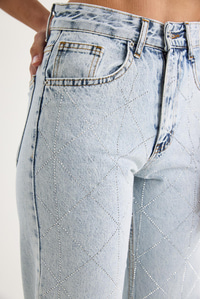Kadın Baklava Desenli Dijital Taş Baskılı Straight Denim Pantolon 488 60283287 - Buz Mavisi