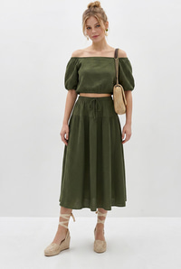 Kadın Balon Kollu Crop Bluz Bağlama Detaylı Pamuklu Müslin Etek Takım YC2728 60286287 - Yeşil ALT - ÜST TAKIM modelleri