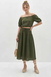 Kadın Balon Kollu Crop Bluz Bağlama Detaylı Pamuklu Müslin Etek Takım YC2728 60286287 - Yeşil ALT - ÜST TAKIM modelleri