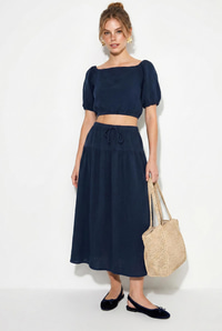 Kadın Balon Kollu Crop Bluz Bağlama Detaylı Pamuklu Müslin Etek Takım YC2728 60286287 - Lacivert ALT - ÜST TAKIM modelleri