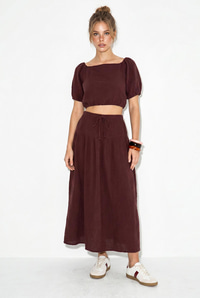 Kadın Balon Kollu Crop Bluz Bağlama Detaylı Pamuklu Müslin Etek Takım YC2728 60286287 - Mürdüm ALT - ÜST TAKIM modelleri