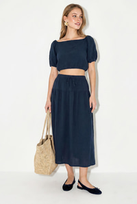 Kadın Balon Kollu Crop Bluz Bağlama Detaylı Pamuklu Müslin Etek Takım YC2728 60286287 - Lacivert ALT - ÜST TAKIM modelleri
