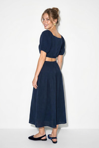 Kadın Balon Kollu Crop Bluz Bağlama Detaylı Pamuklu Müslin Etek Takım YC2728 60286287 - Lacivert ALT - ÜST TAKIM modelleri