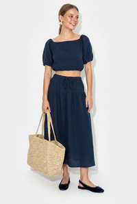 Kadın Balon Kollu Crop Bluz Bağlama Detaylı Pamuklu Müslin Etek Takım YC2728 60286287 - Lacivert ALT - ÜST TAKIM modelleri