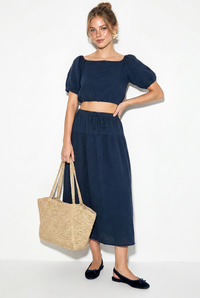 Kadın Balon Kollu Crop Bluz Bağlama Detaylı Pamuklu Müslin Etek Takım YC2728 60286287 - Lacivert ALT - ÜST TAKIM modelleri
