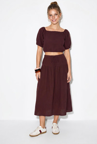 Kadın Balon Kollu Crop Bluz Bağlama Detaylı Pamuklu Müslin Etek Takım YC2728 60286287 - Mürdüm ALT - ÜST TAKIM modelleri