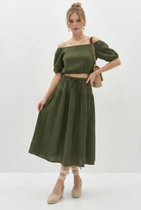 Kadın Balon Kollu Crop Bluz Bağlama Detaylı Pamuklu Müslin Etek Takım YC2728 60286287 - Yeşil ALT - ÜST TAKIM modelleri