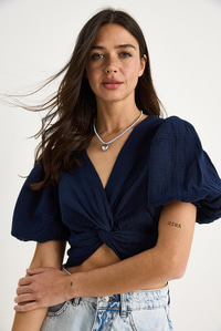 Kadın Balon Kollu Crop Müslin Bluz 1004-1 60283344 - Lacivert