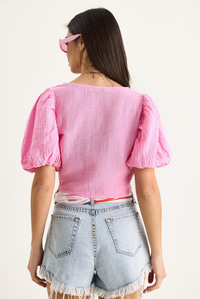 Kadın Balon Kollu Crop Müslin Bluz 1004-1 60283344 - Şeker Pembe