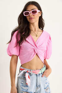 Kadın Balon Kollu Crop Müslin Bluz 1004-1 60283344 - Şeker Pembe